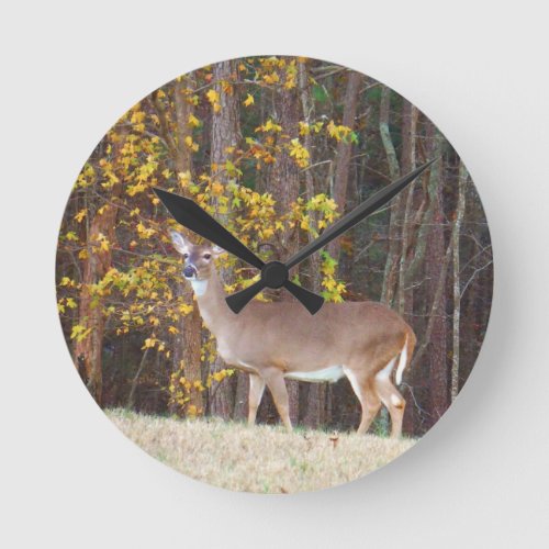 Deer in Front of Yellow Autumn Tree Round Clock