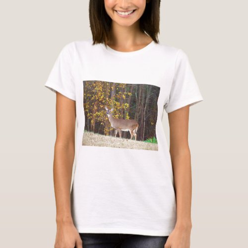 Deer in Front of Yellow Autumn Tree T_Shirt