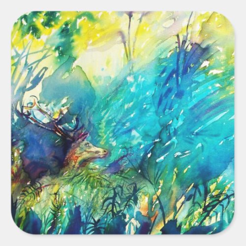 DEER IN GREEN WOODLAND SQUARE STICKER