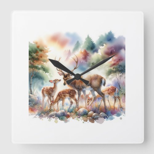 Deer in Harmony AREF9414 _ Watercolor Square Wall Clock