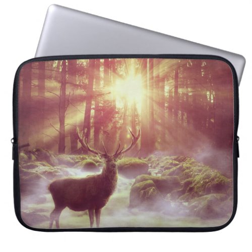 Deer in Misty Woods at Sunset Nature Artwork Laptop Sleeve