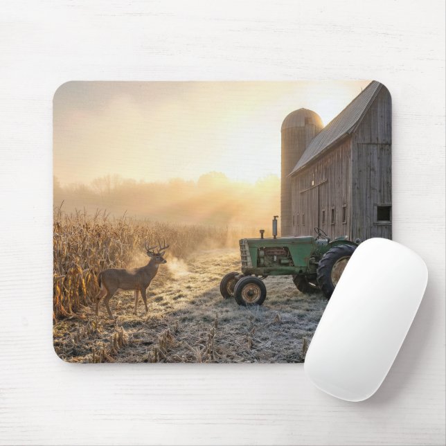 Deer In Morning Mist with Farm Tractor Mouse Pad (With Mouse)