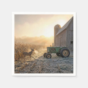 Deer In Morning Mist with Farm Tractor Napkins