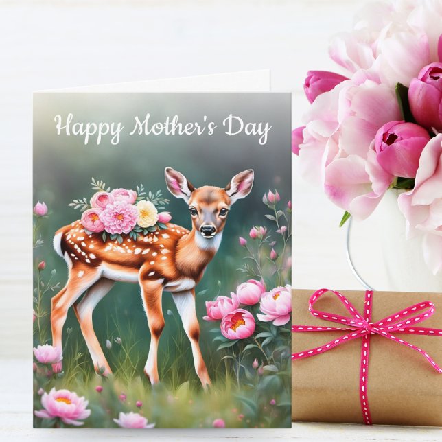 Deer In Peony Garden Happy Mother's Day Card (A sweet Mother's day card for children and adults to give to their Mom who loves all things nature.)