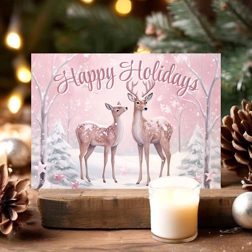 Deer in Pink Winter Forest Happy Holidays Holiday Card