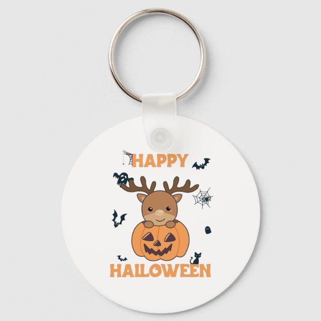 Deer In Pumpkin Cute Deer Happy Halloween Keychain (Front)