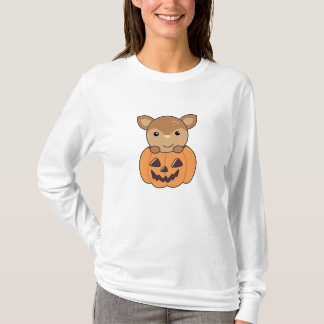 Deer In Pumpkin Sweet Deer Happy Halloween T-Shirt (Front)
