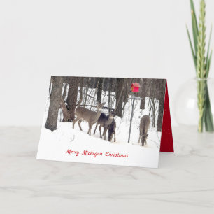 deer in snow and red birdhouse with snowflakes card