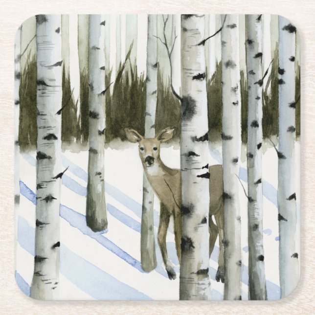 Deer in Snowfall Square Paper Coaster (Front)