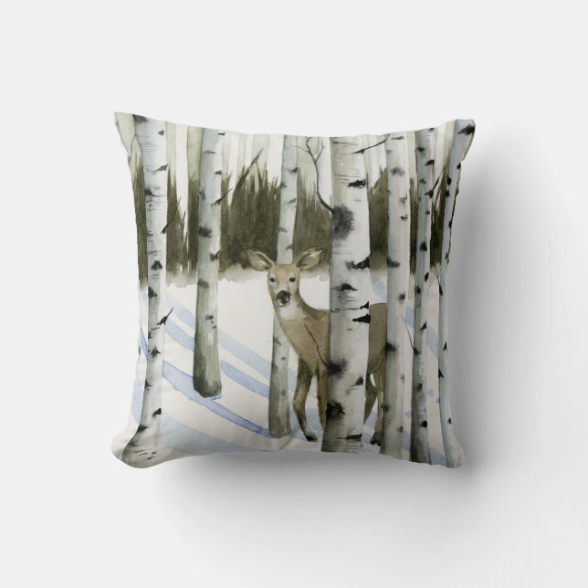Deer in Snowfall Throw Pillow (Front)