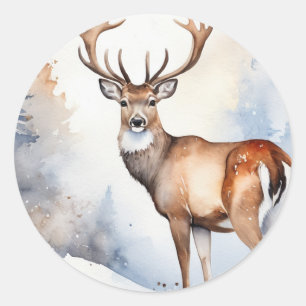 Deer In Snowy Forest Christmas Trees Watercolor Classic Round Sticker