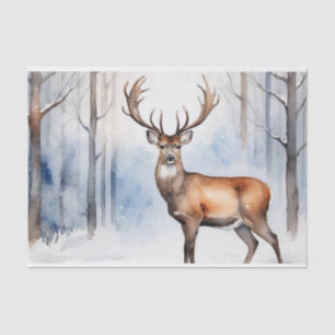 Deer In Snowy Forest Christmas Trees Watercolor Tissue Paper