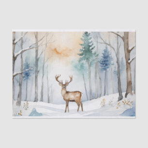 Deer In Snowy Forest Christmas Trees Watercolor Tissue Paper