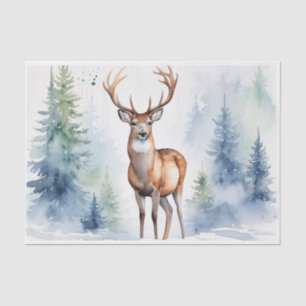 Deer In Snowy Forest Christmas Trees Watercolor Tissue Paper
