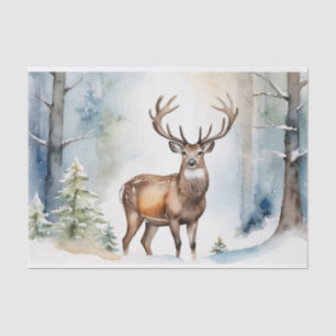 Deer In Snowy Forest Christmas Trees Watercolor Tissue Paper