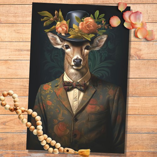Deer in Suit Hat with Flowers 3 Decoupage Paper