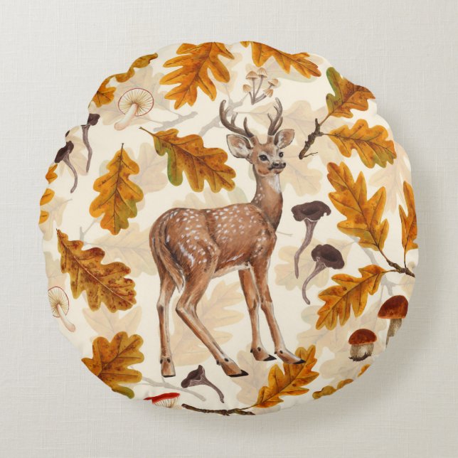Deer in the autumnal forest round pillow (Front)