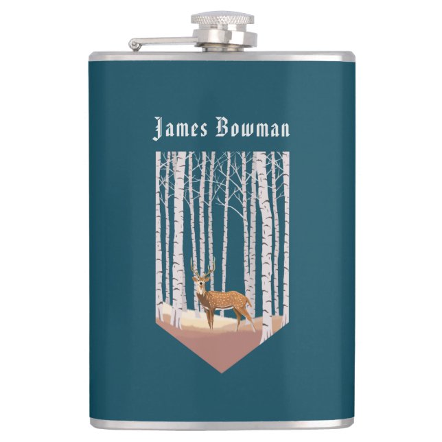 Deer in the Birch woods / Personalized Name Flask (Front)