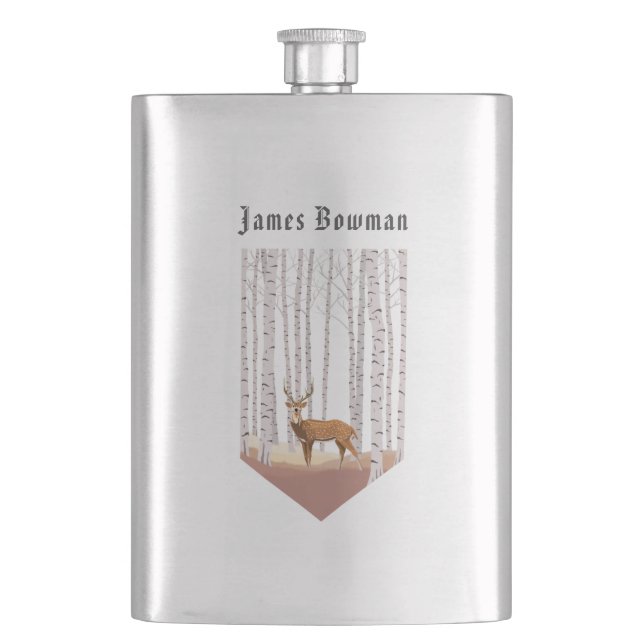 Deer in the Birch woods / Personalized Name Flask (Front)