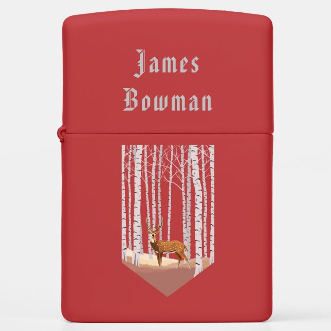 Deer in the Birch woods / Personalized Name Zippo Lighter (Front)