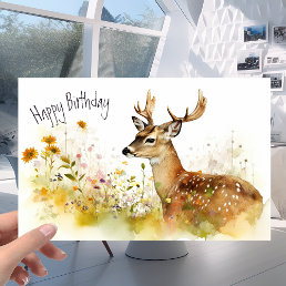 Deer in the Flower Meadow - Watercolor Birthday Card