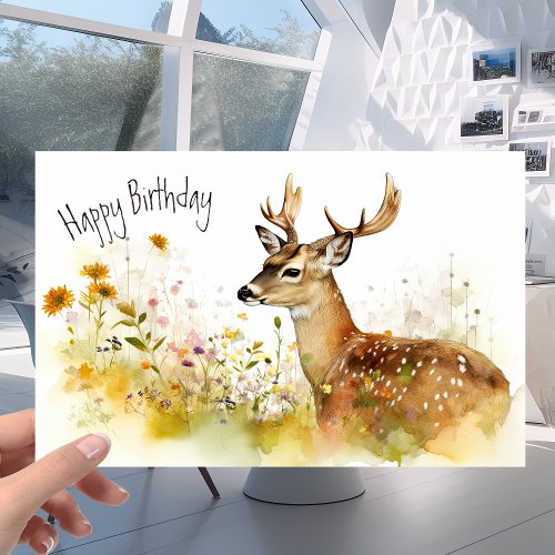 Deer in the Flower Meadow _ Watercolor Birthday Card