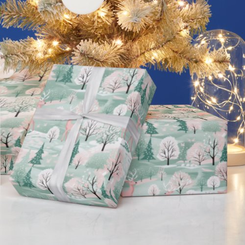 Deer in the Forest Mint Green and Pink Christmas Wrapping Paper