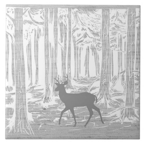 Deer in the Forest Shades of Gray Stag Trees Ceramic Tile