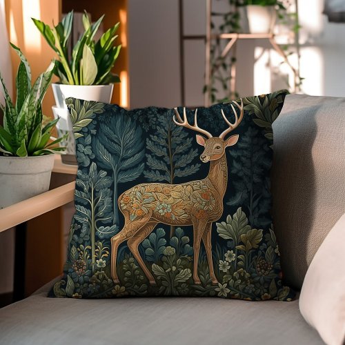 Deer In The Forest William Morris Style Throw Pillow