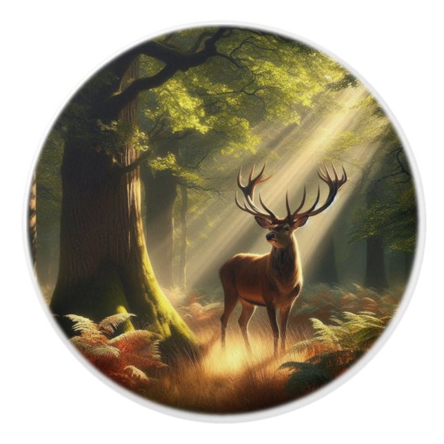 Deer in the morning forest ceramic knob (Front)