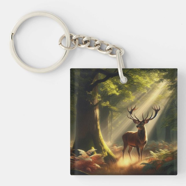Deer in the morning forest keychain (Front)