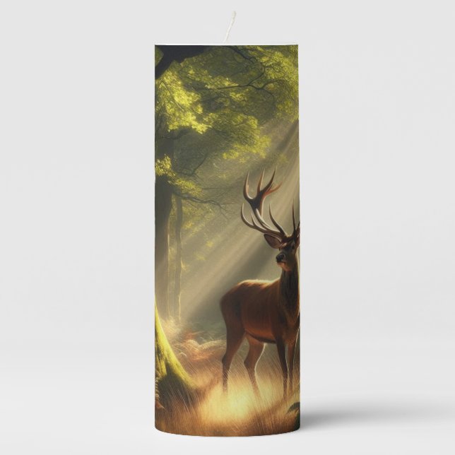 Deer in the morning forest pillar candle (Front)