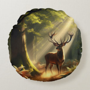 Deer in the morning forest round pillow
