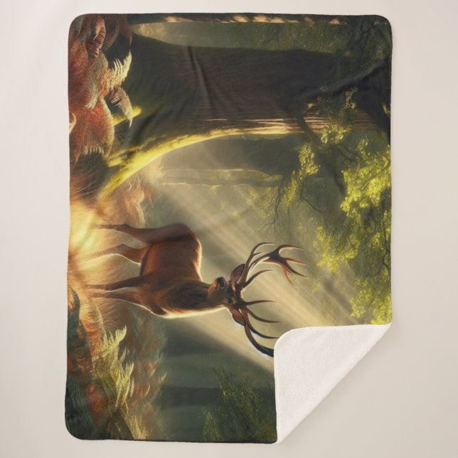 Deer in the morning forest sherpa blanket (Front)