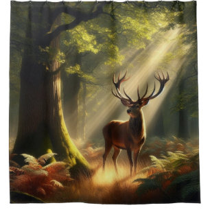 Deer in the morning forest shower curtain