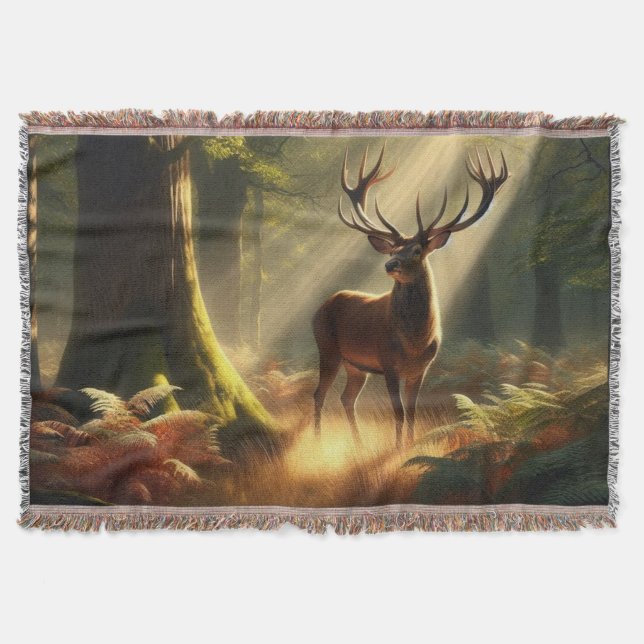 Deer in the morning forest throw blanket (Front)