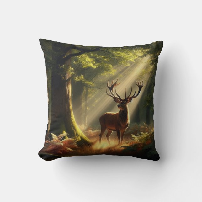 Deer in the morning forest throw pillow (Front)