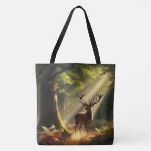 Deer in the morning forest tote bag