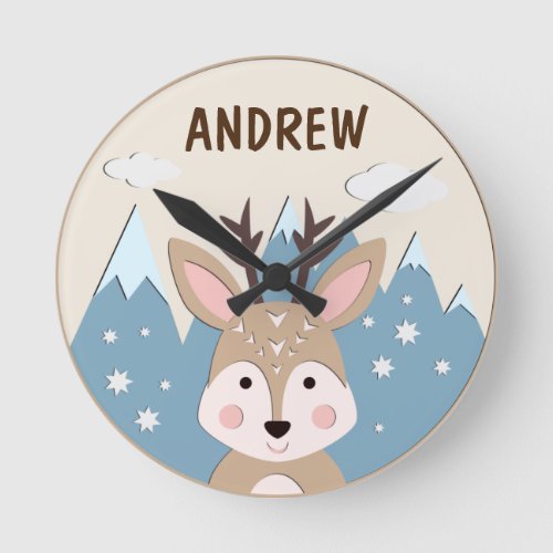 Deer In The Mountains Personalized Nursery Round Clock