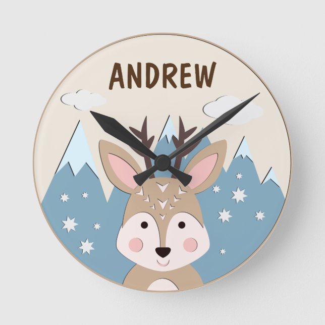 Deer In The Mountains Personalized Nursery Round Clock (Front)