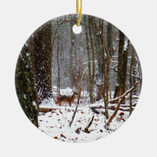 Deer in the snow fall ceramic ornament
