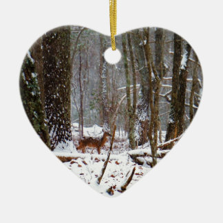 Deer in the snow fall ceramic ornament