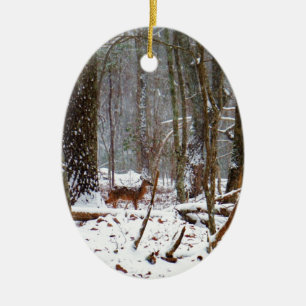 Deer in the snow fall ceramic ornament