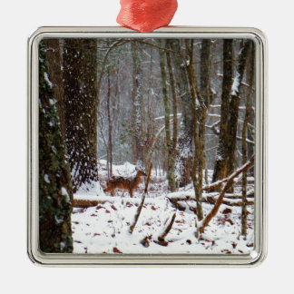 Deer in the snow fall metal ornament