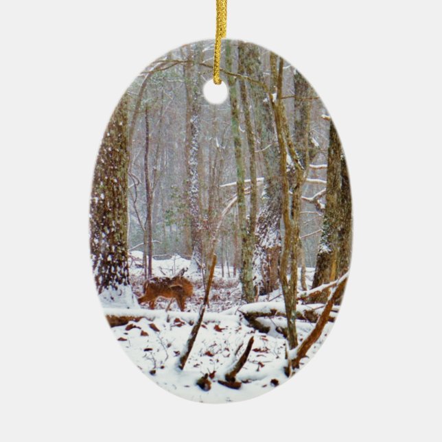 Deer in the snow, licking leg ceramic ornament (Front)