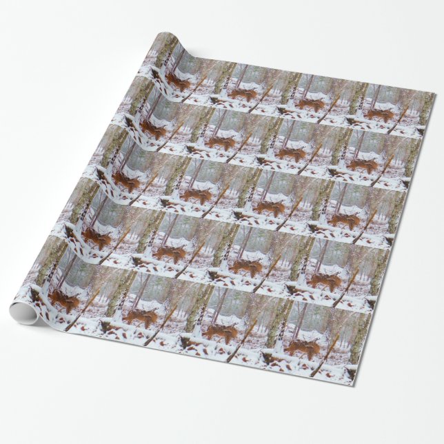 Deer in the snow, licking leg wrapping paper (Unrolled)