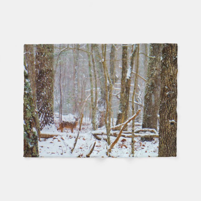 Deer in the Snow storm Fleece Blanket (Front (Horizontal))
