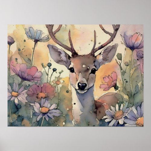 Deer in Wildflowers Watercolor Poster