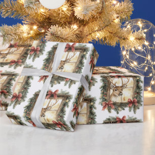 Deer in Window Red Bows Christmas Wrapping Paper
