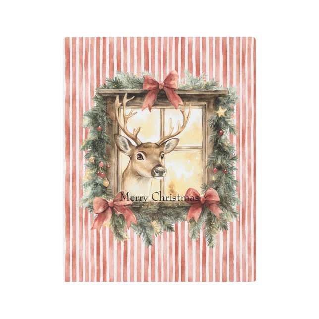 Deer in Window Red Stripes Bows Christmas Metal Print (Front)